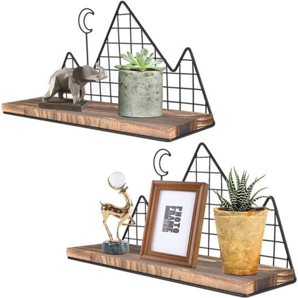 Floating Shelves Set of 2 Mountain Wall ShelvesRustic Wood with Metal Wire